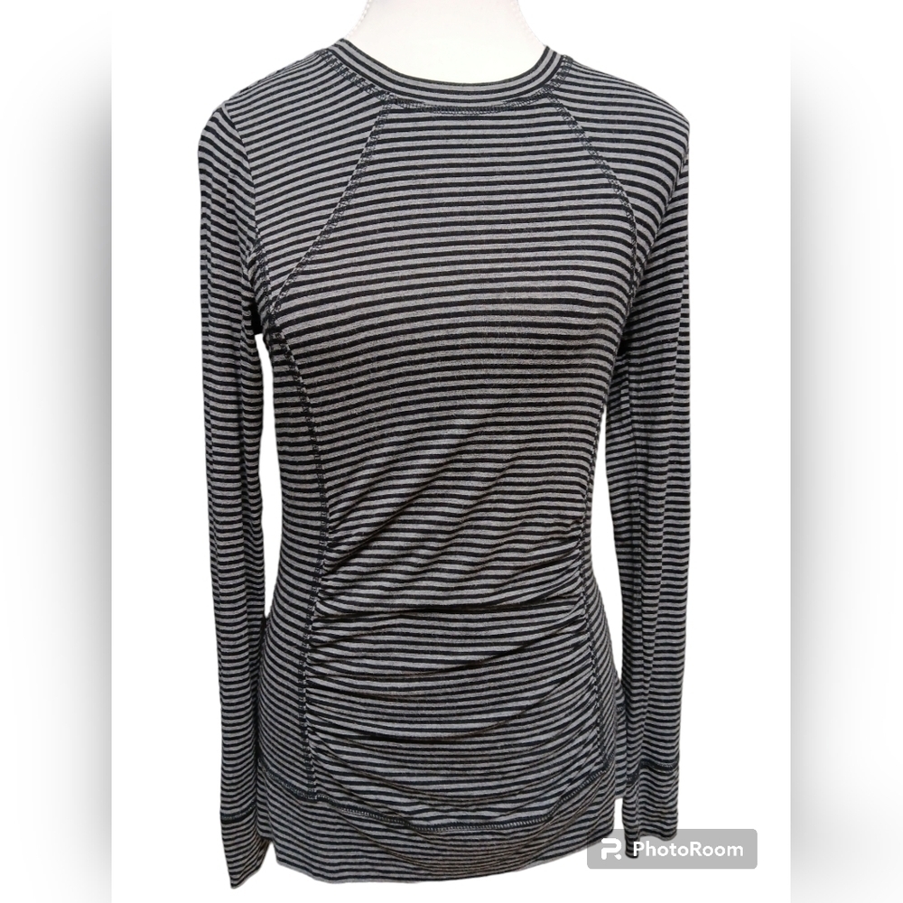 Cabi Striped Tech Long Sleeve Running Activewear Top Black Gray Size S